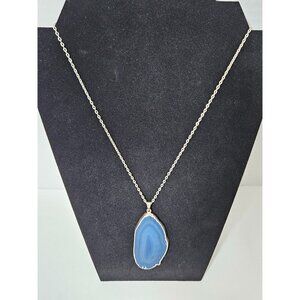Blue Agate Slice Pendant Necklace Silver Tone Electroplated Edge Statement